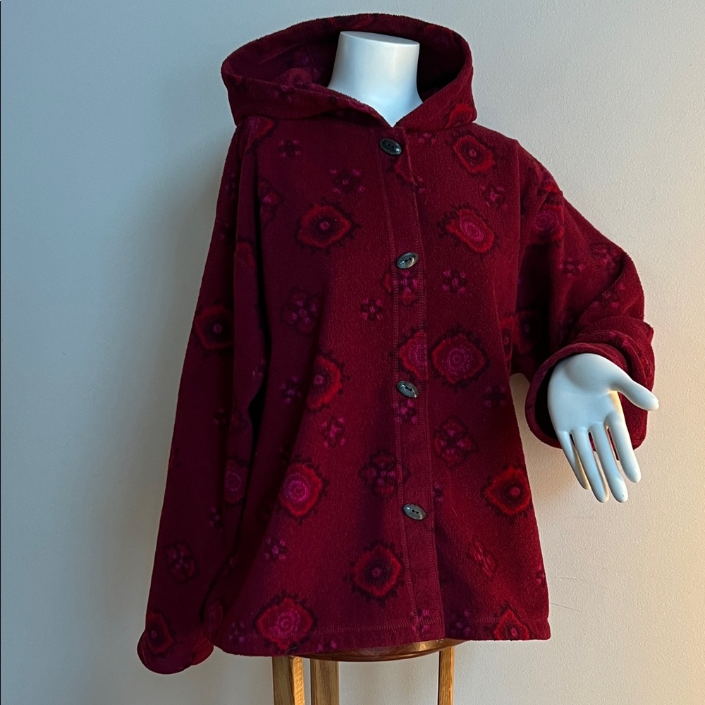 Sigrid Olsen Burgundy fleece jacket with unique buttons size large oversized